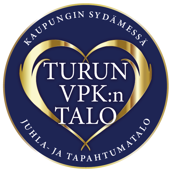 VPK:n talon logo. Pyöreä logo, jonka keskellä tyylitelty sydän. Sydämen päällä teksti "Turun VPK:n talo". Sydämen päällä teksti "kaupungin sydämessä" ja sydämen alla teksti "juhla- ja tapahtumatalo"
